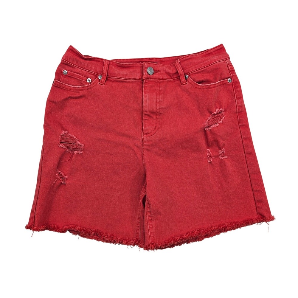 Candace Cameron Bure Womens Orange Red Distressed Denim Shorts Frayed Hem Size 2